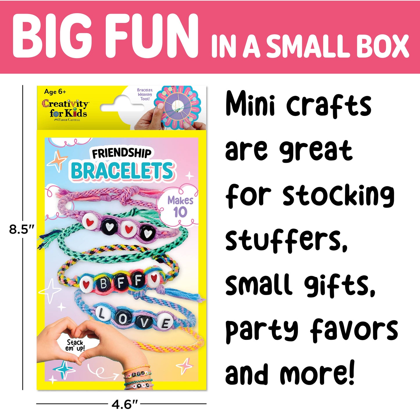 Product packaging for 'Friendship Bracelets' craft kit with text highlighting its uses.