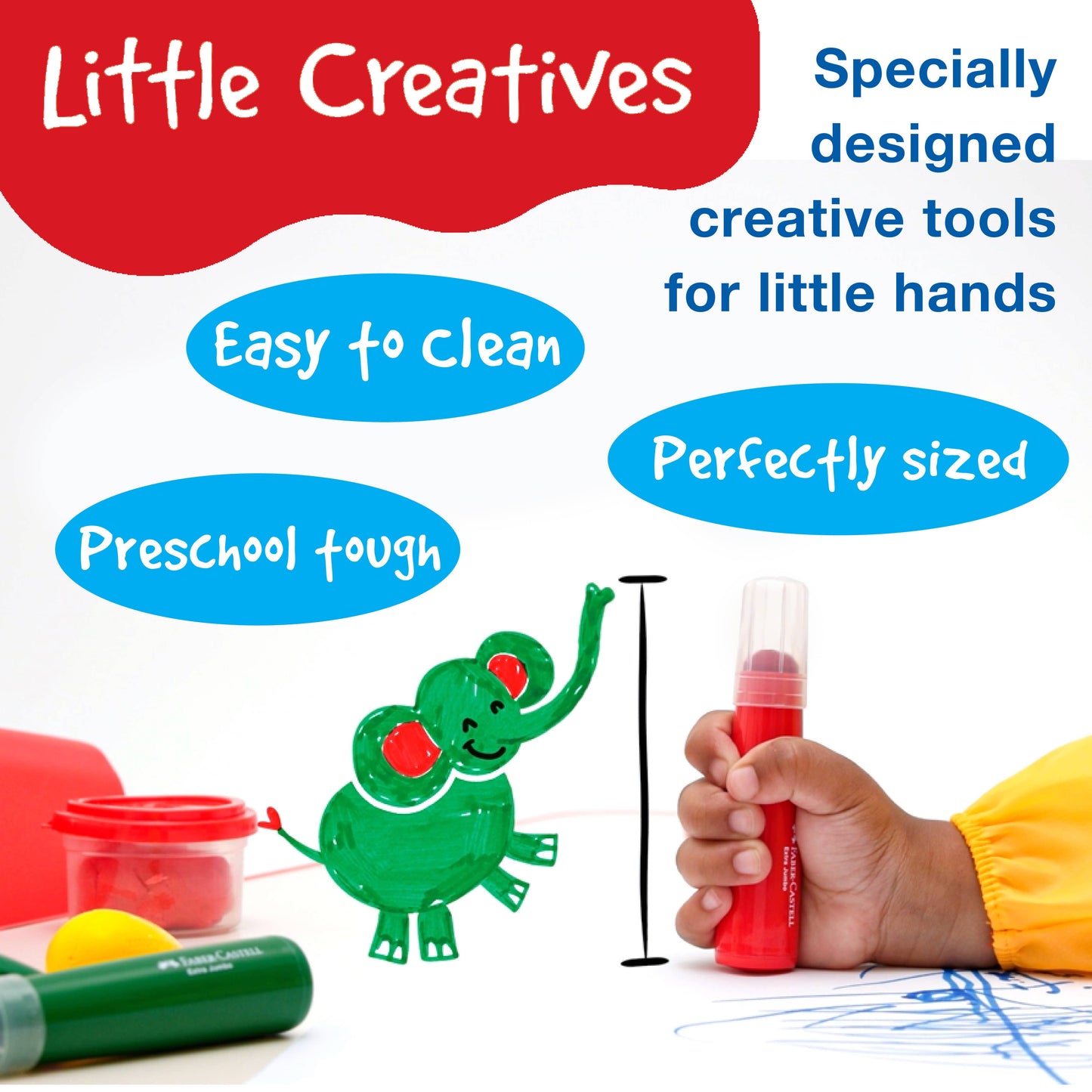 Promotional image of children's art tools with 'Little Creatives' branding and product features.