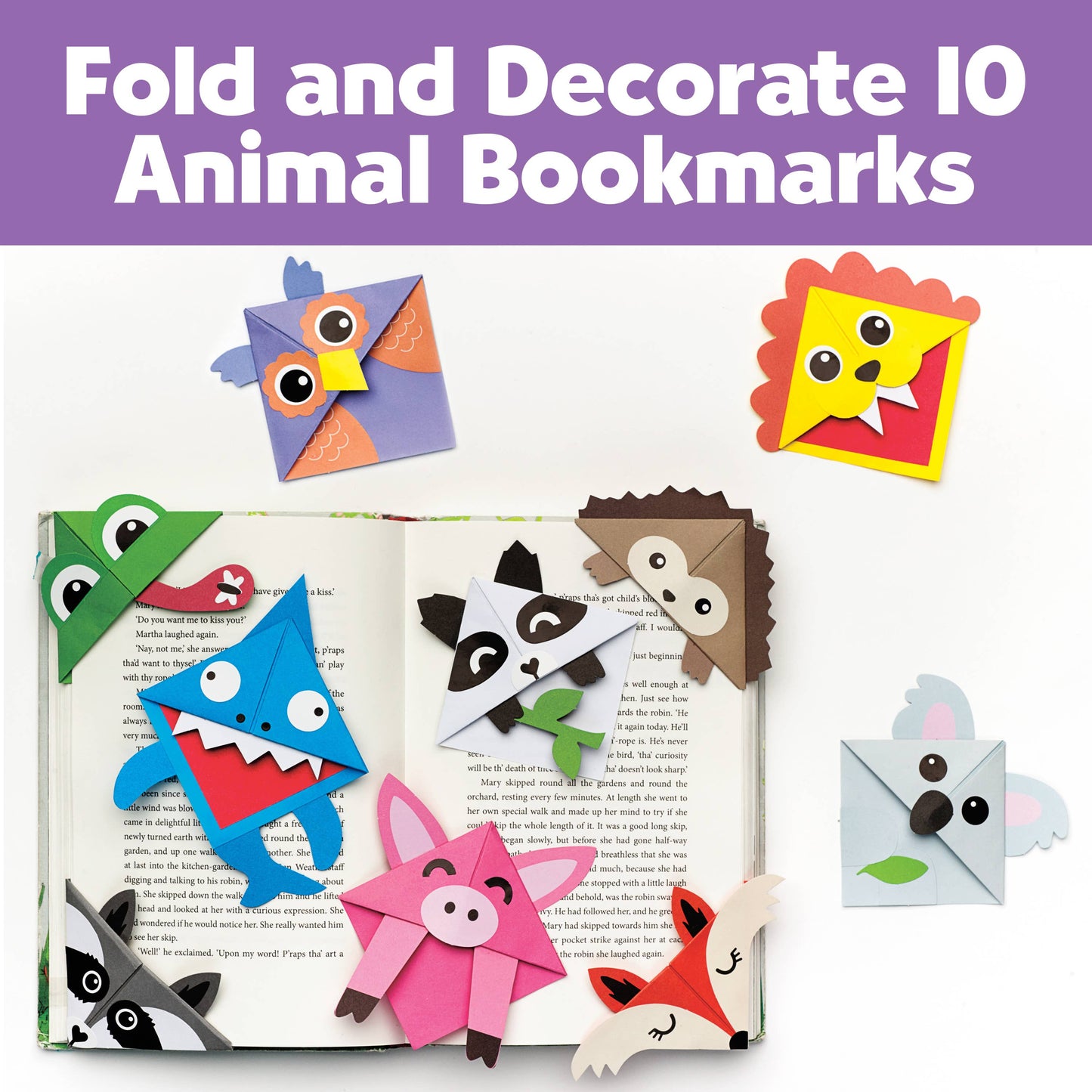 Set of animal-themed bookmarks on an open book with a purple background and text.