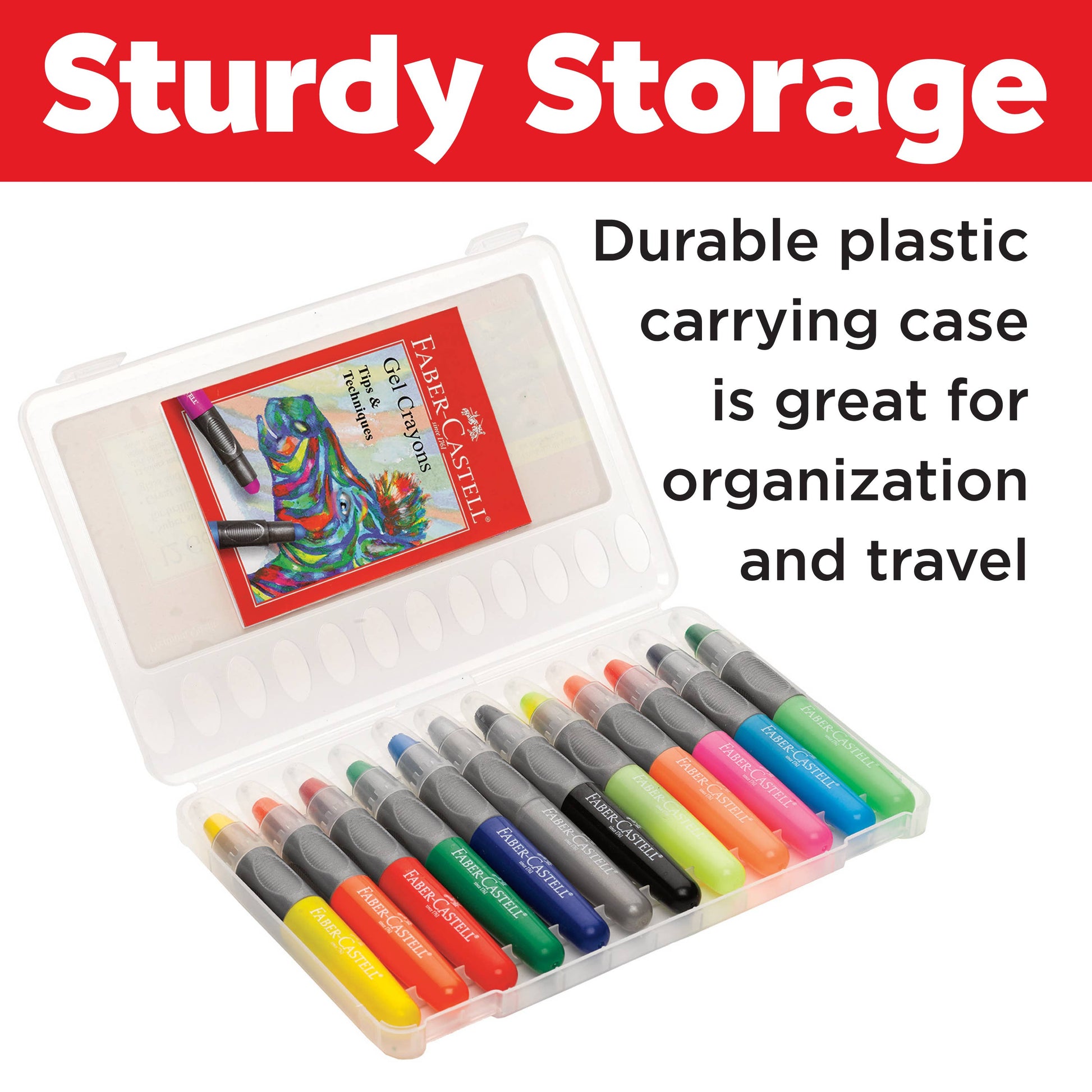 Set of colorful markers in a durable plastic carrying case with text highlighting storage benefits.