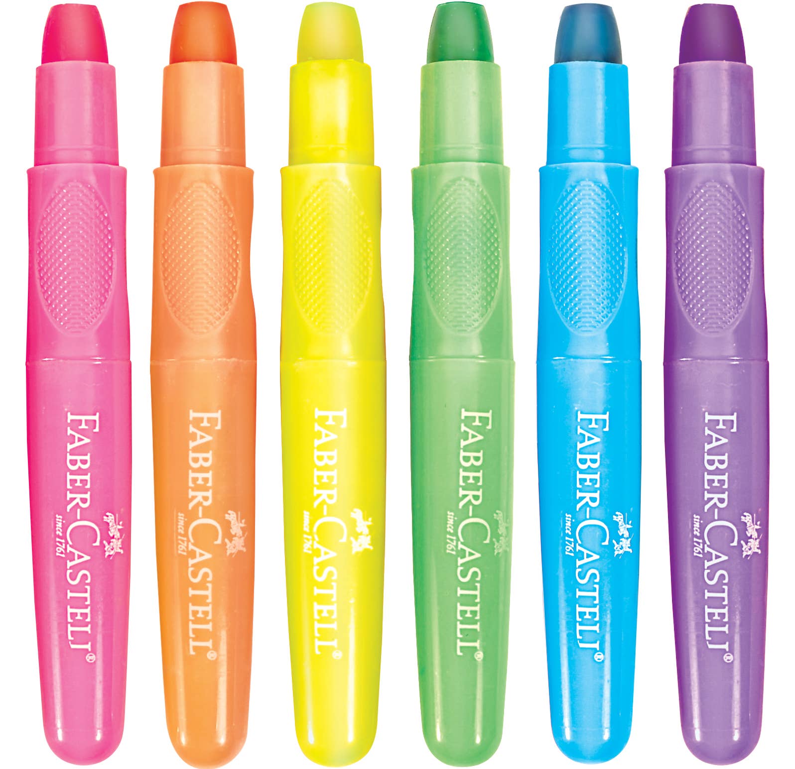 Set of six colorful Faber-Castell highlighters on a white background