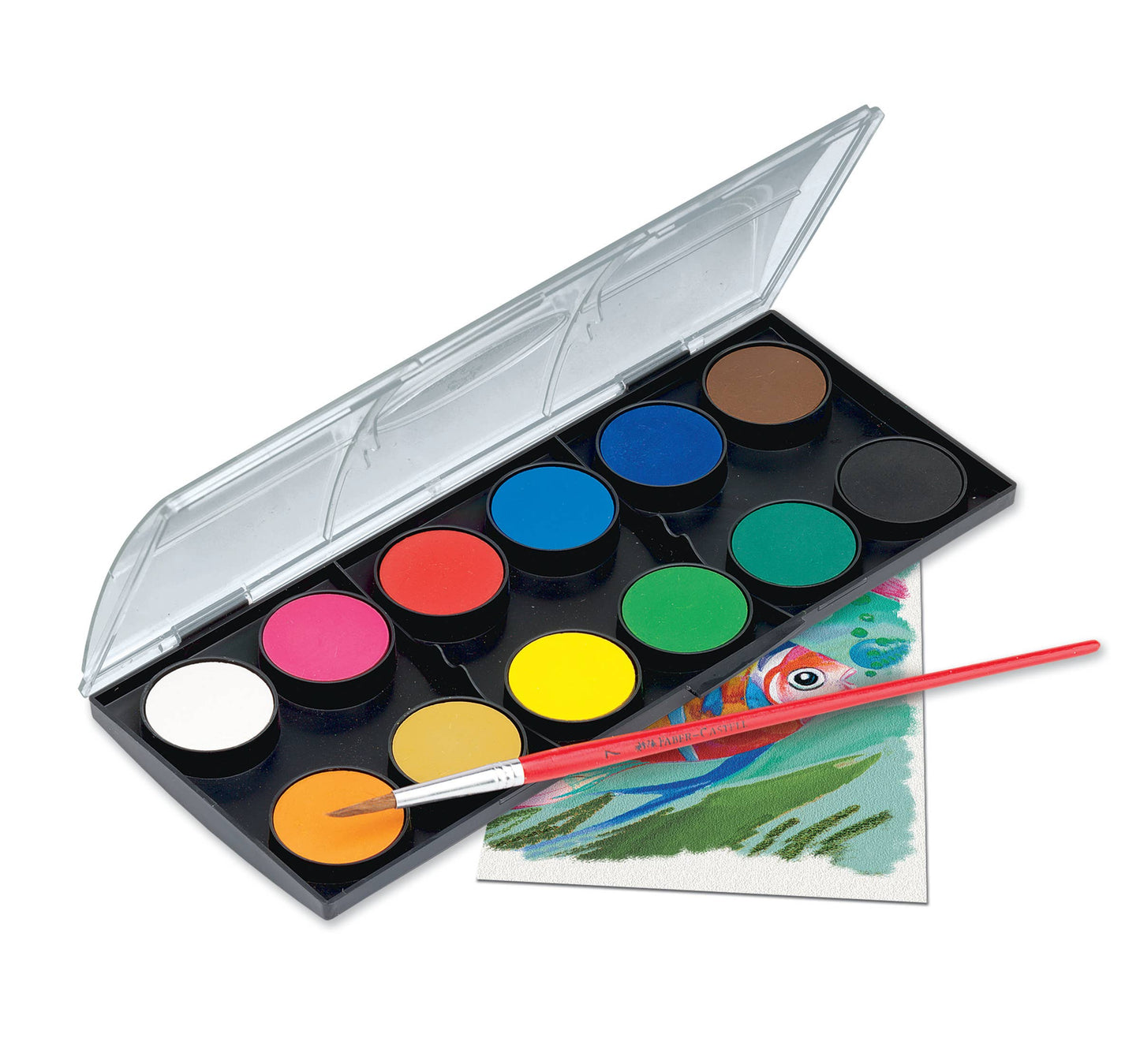 Set of watercolor paints with a brush and sample artwork on a white background
