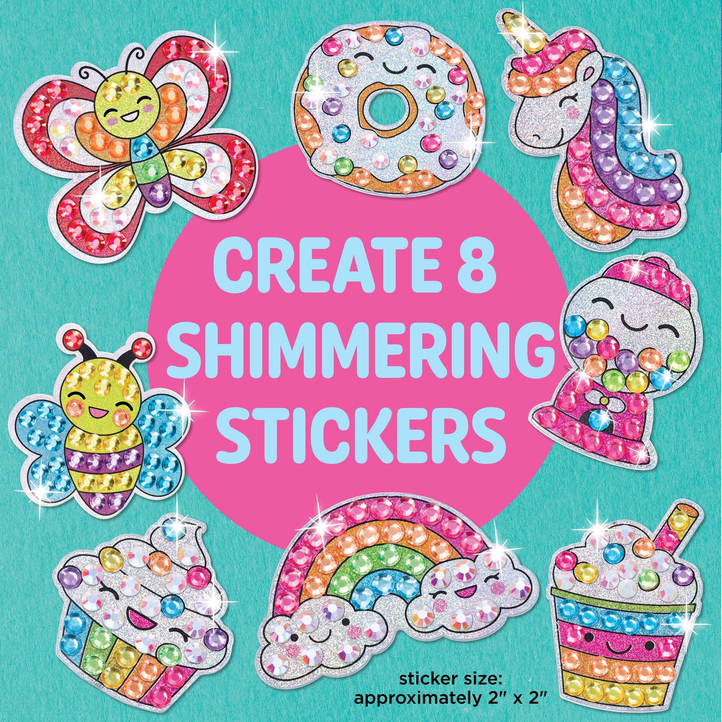 Shimmering stickers with a butterfly, donut, unicorn, bee, rainbow, and ice cream cone on a teal background.