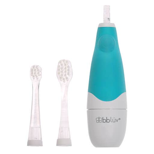 Teal and gray dental cleaning device with two brush heads on a white background