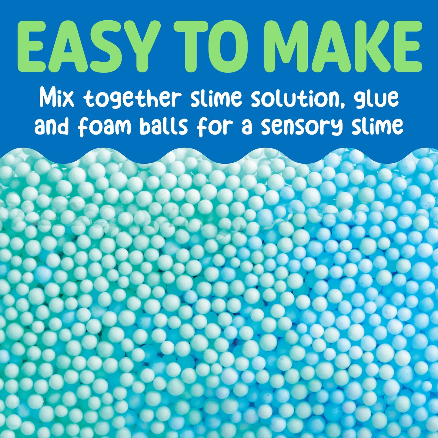 Text 'Easy to Make' with instructions on creating slime using solution, glue, and foam balls on a blue background with foam balls.