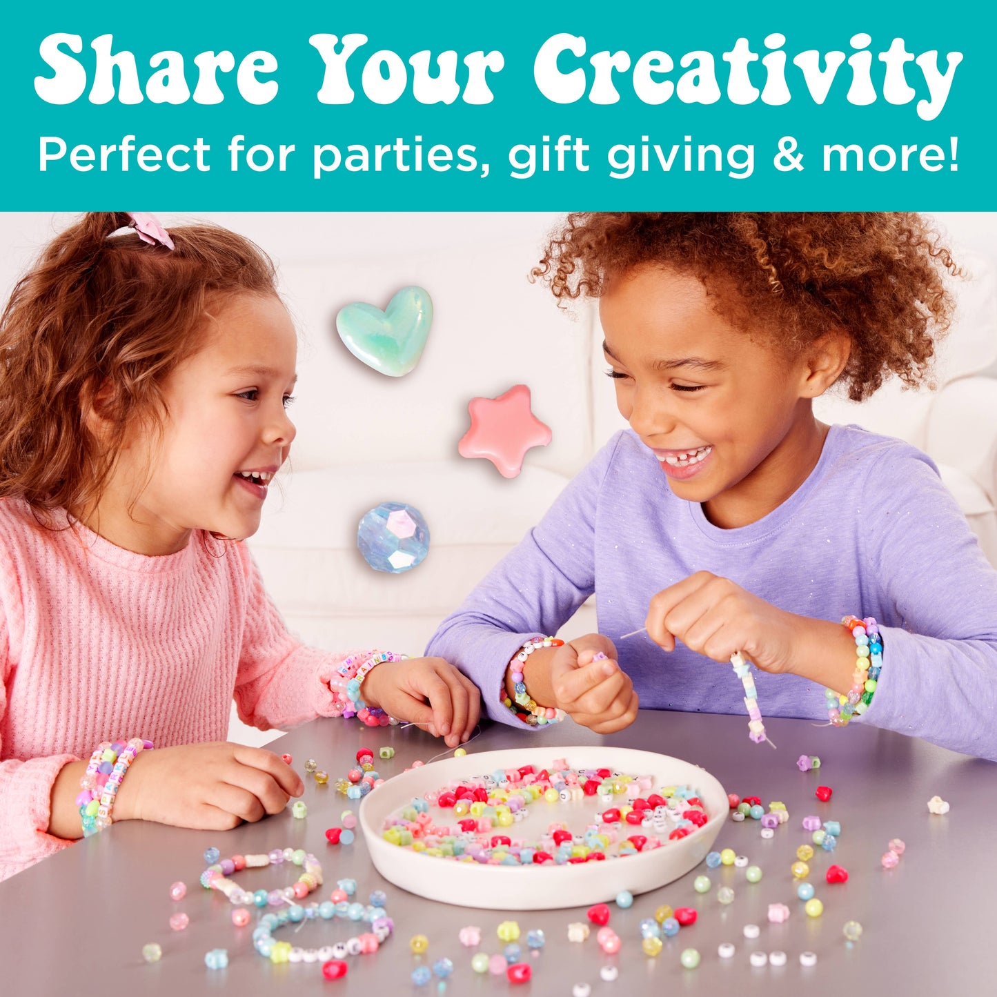Two children making beaded bracelets with text 'Share Your Creativity' and 'Perfect for parties, gift giving & more!'.