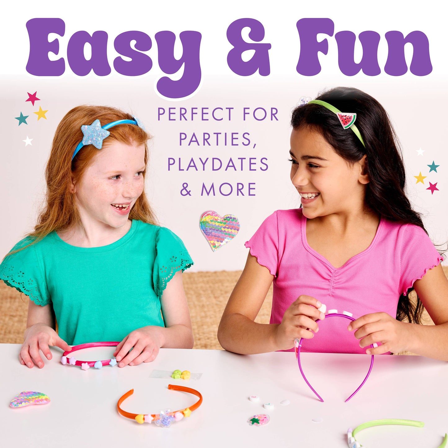 Two children wearing headbands with decorative elements, surrounded by colorful accessories, on a light background with text 'Easy & Fun' and 'Perfect for parties, playdates & more'.