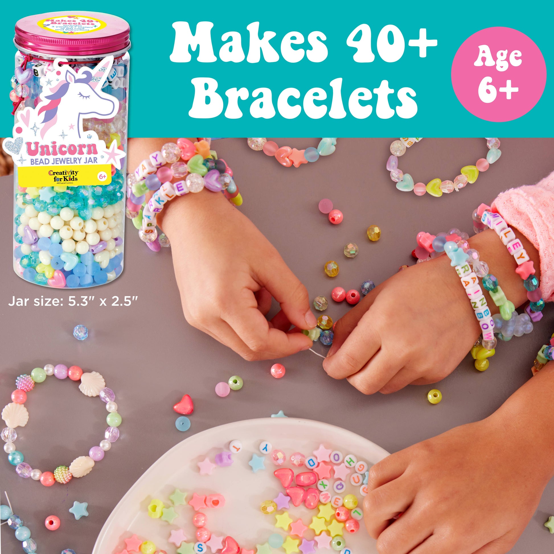 Unicorn bead jewelry jar with children making bracelets on a gray surface
