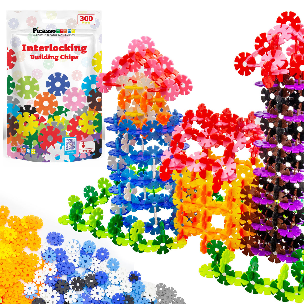 PicassoTiles 300pc Building Chips Interlocking Disc Blocks