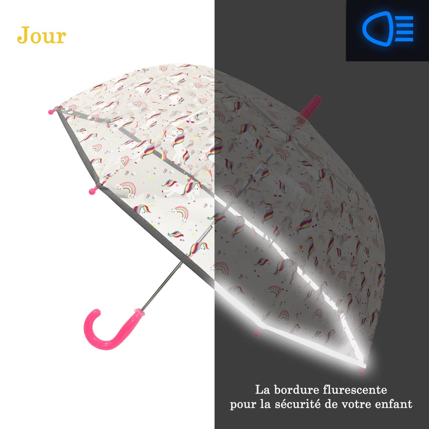 Child's Transparent Umbrella Pink Unicorn - Reflective
