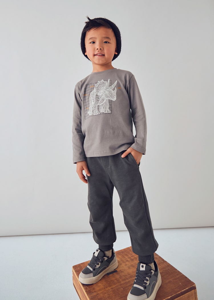 Mayoral Boy Printed T-Shirt Glow in the Dark Grey Triceratops Dinosaur