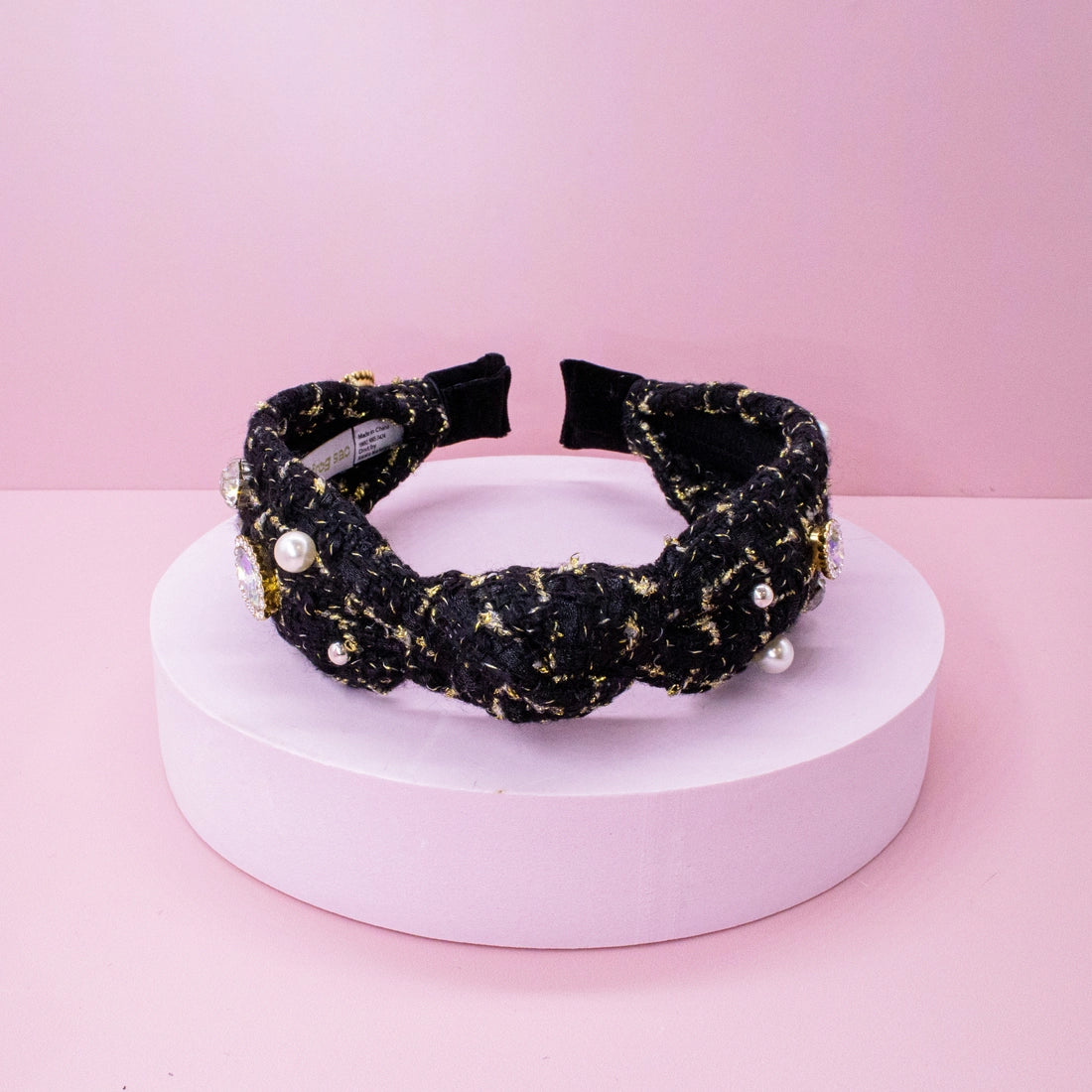 Frog Sac - Embellished Knot Headband - Tweed Rhinestone Pearl