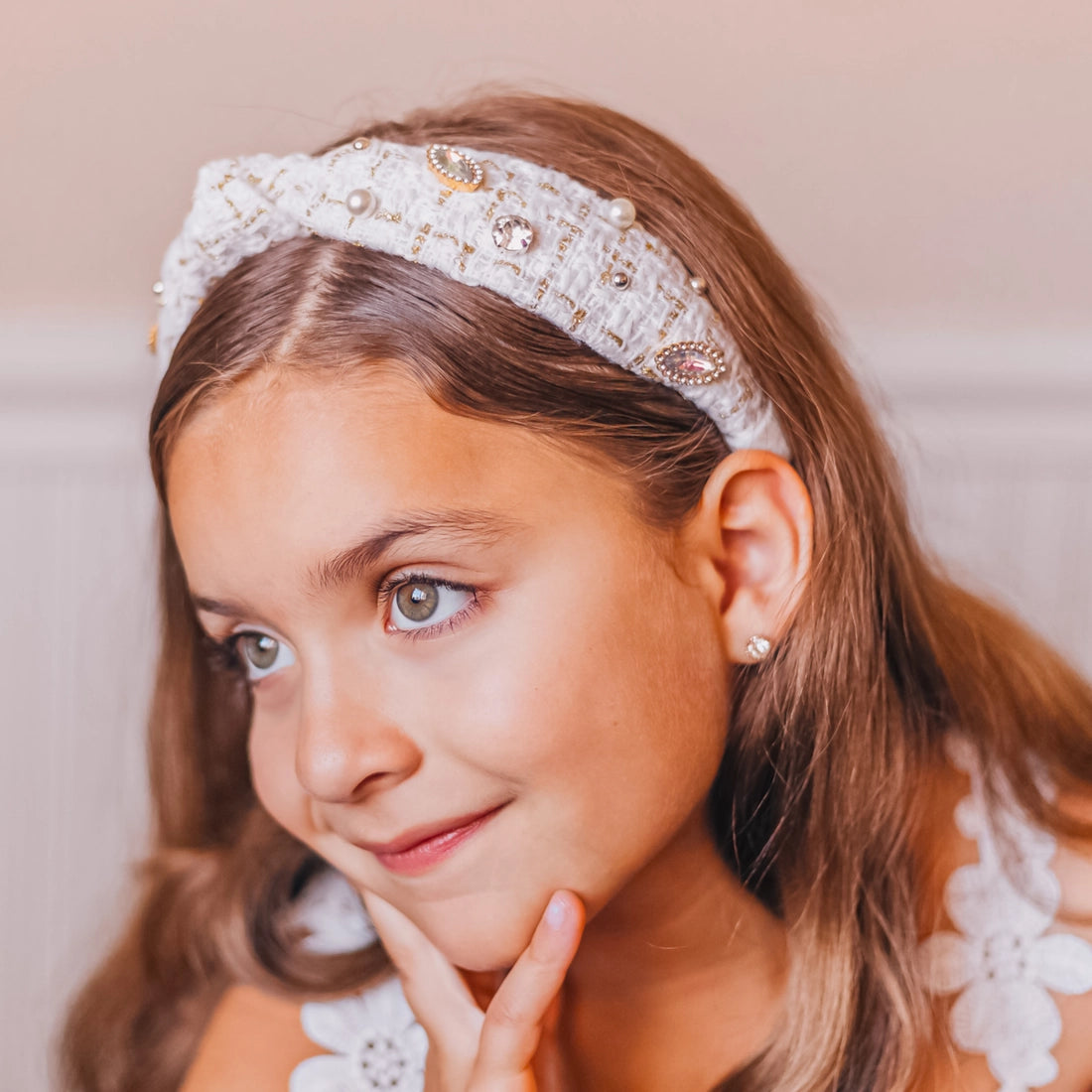 Frog Sac - Embellished Knot Headband - Tweed Rhinestone Pearl