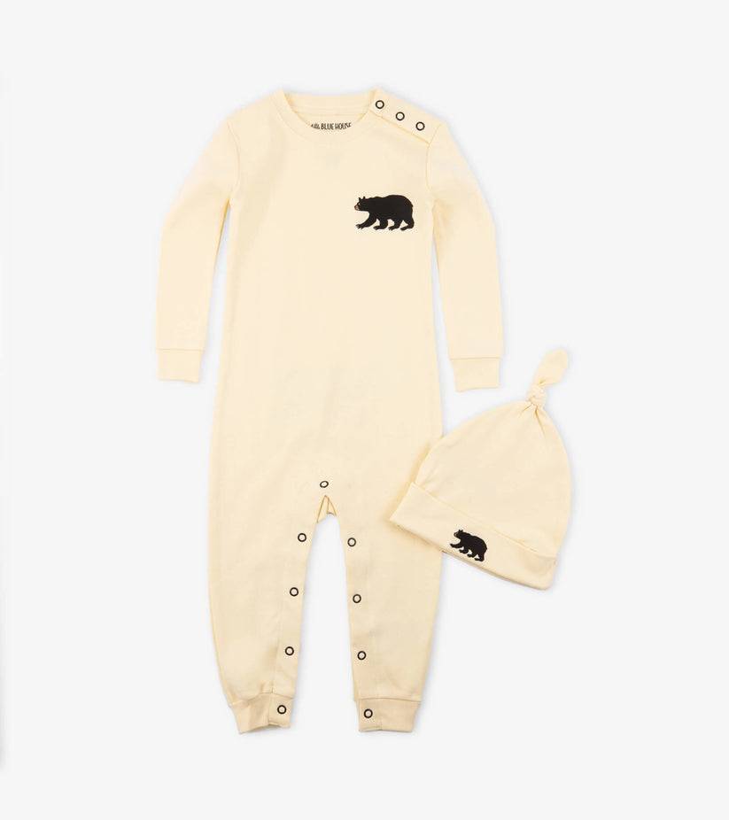 Little Blue House - Natural Little Bear Bum Baby Coverall & Hat